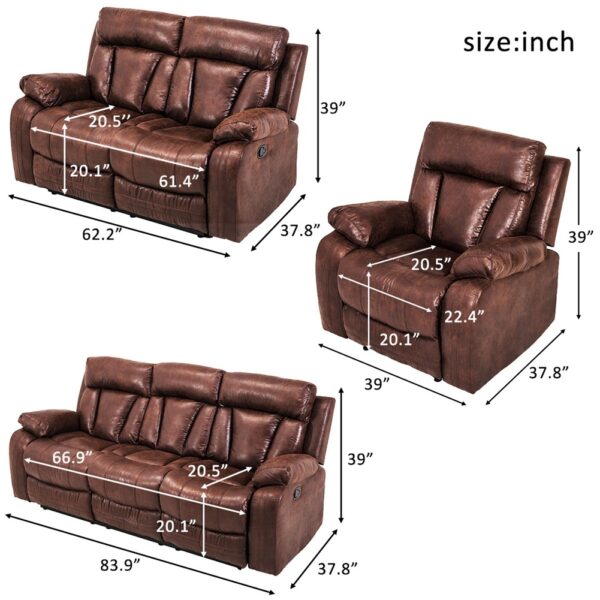 3 Piece Recliner Living Room Sofa Reclining Couch Chair Leather Accent Chair Set - Image 2